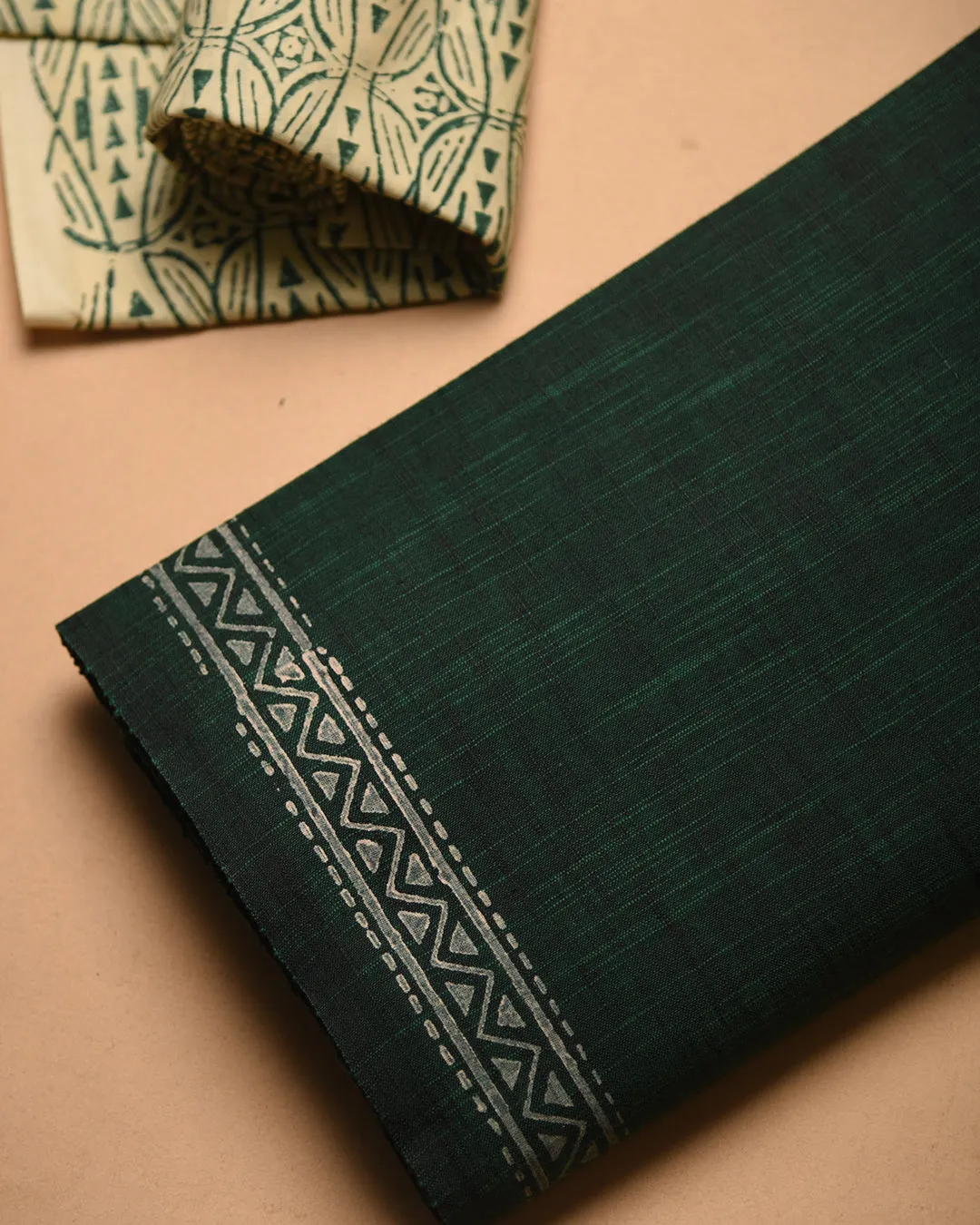 Deep Green Handloom Cotton Woven Unstitched Suit Fabric Set With Tissue Silk Hand Block Printed Dupatta