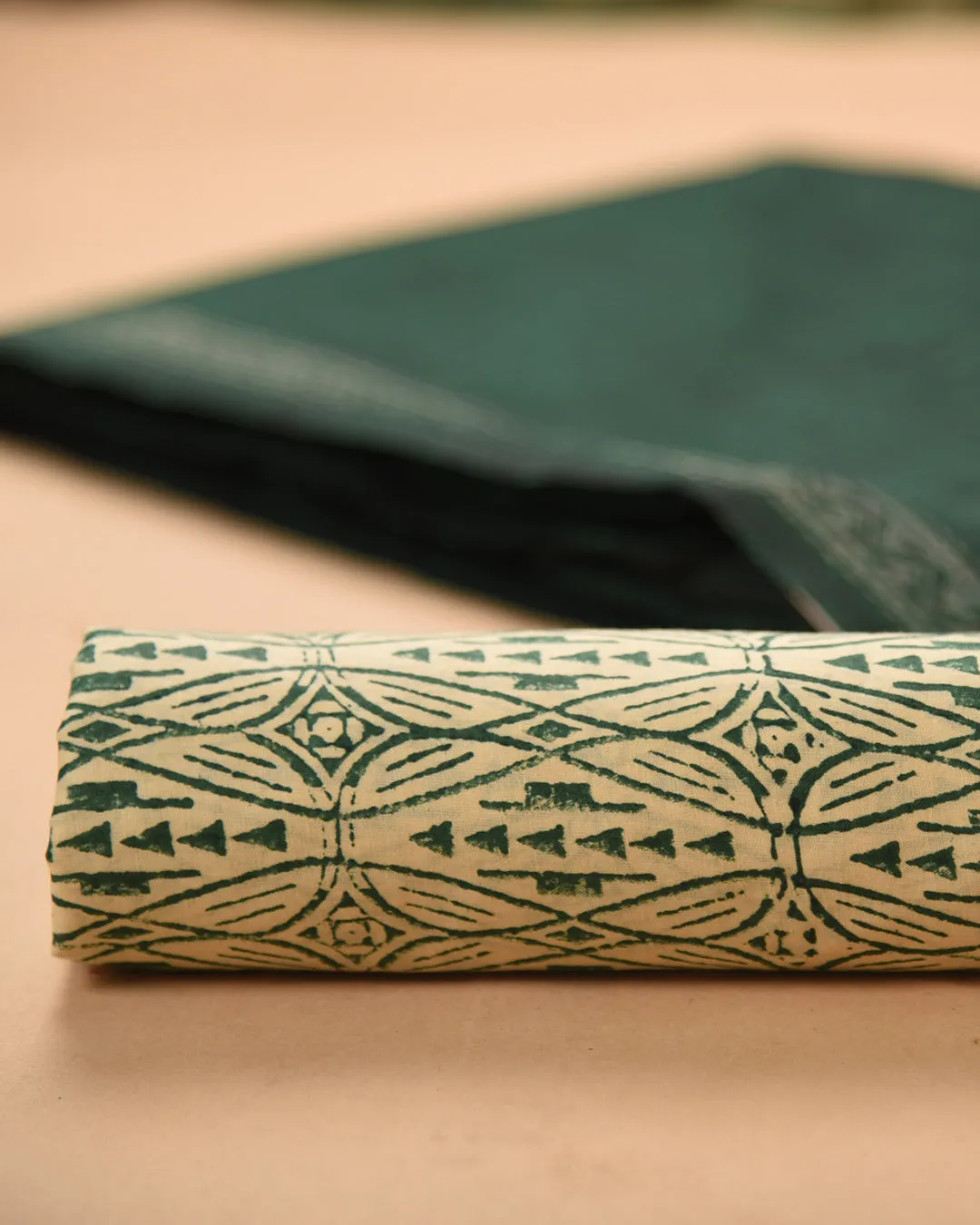 Deep Green Handloom Cotton Woven Unstitched Suit Fabric Set With Tissue Silk Hand Block Printed Dupatta