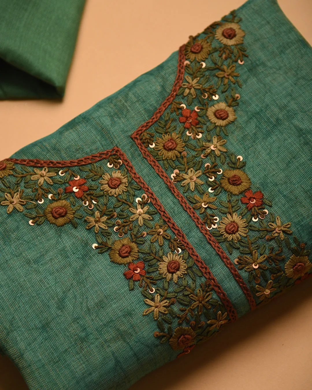Deep Green Linen Blend Printed With Embroidery Unstitched Suit Fabric Set With Linen Printed Dupatta