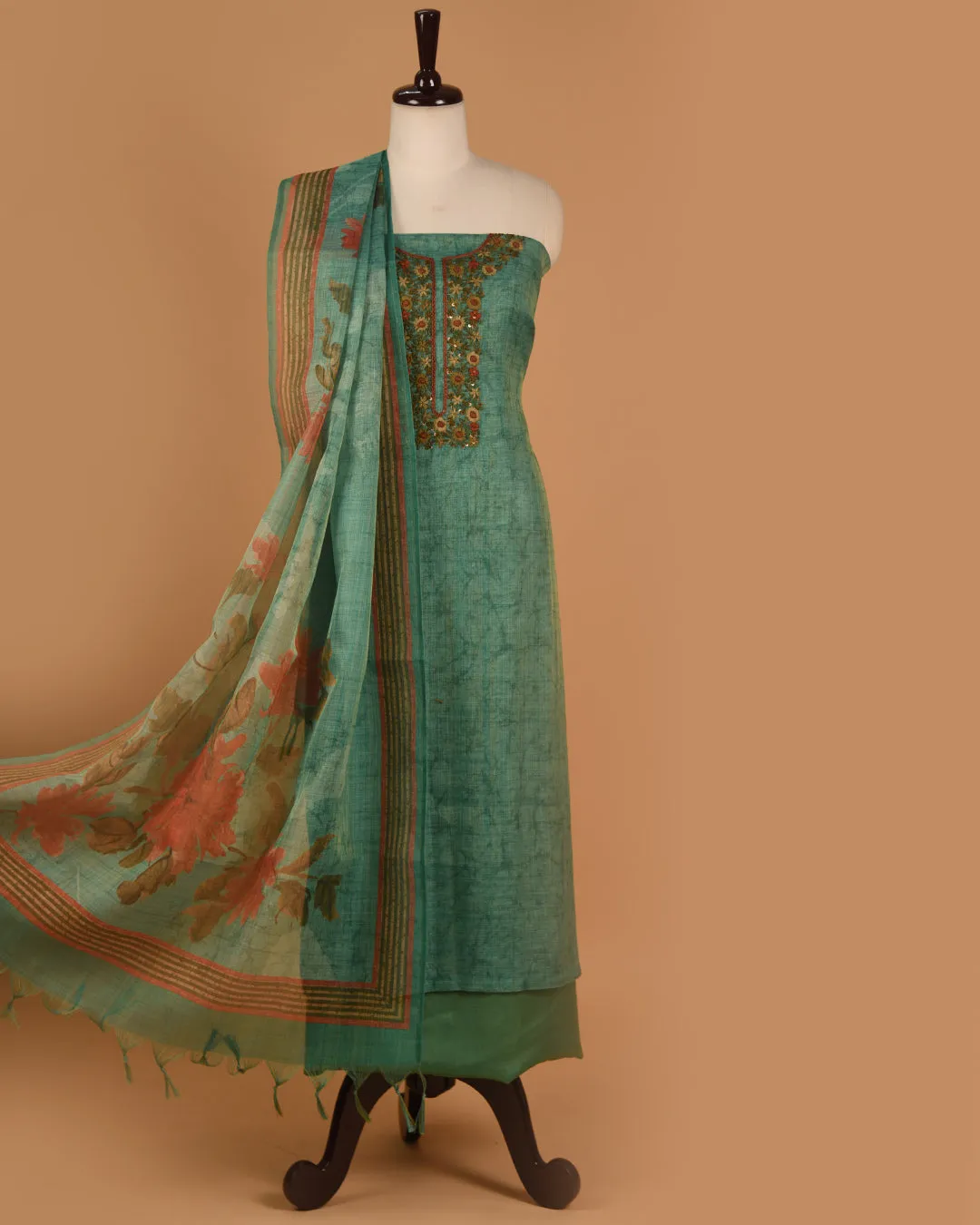 Deep Green Linen Blend Printed With Embroidery Unstitched Suit Fabric Set With Linen Printed Dupatta