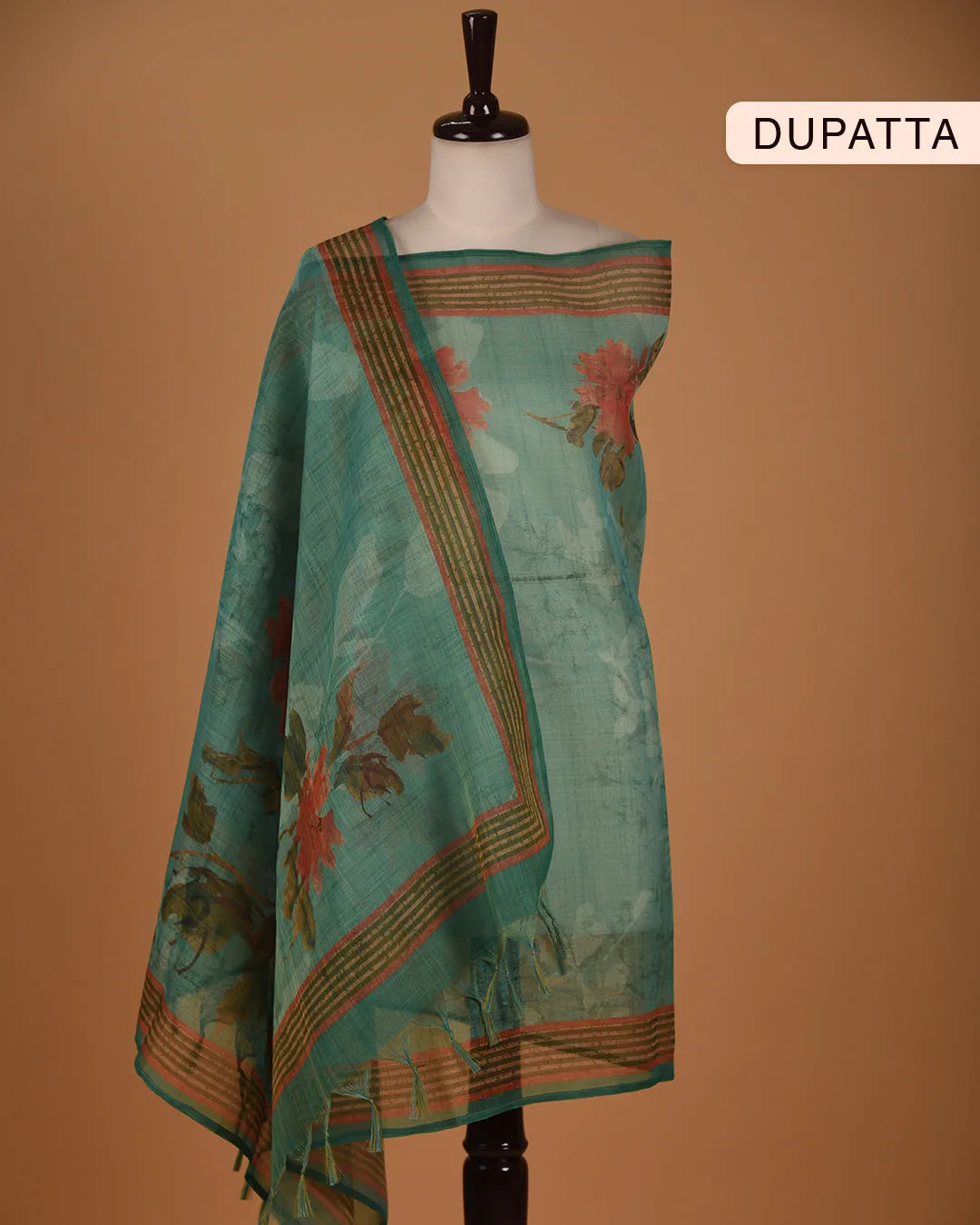 Deep Green Linen Blend Printed With Embroidery Unstitched Suit Fabric Set With Linen Printed Dupatta