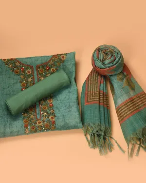Deep Green Linen Blend Printed With Embroidery Unstitched Suit Fabric Set With Linen Printed Dupatta