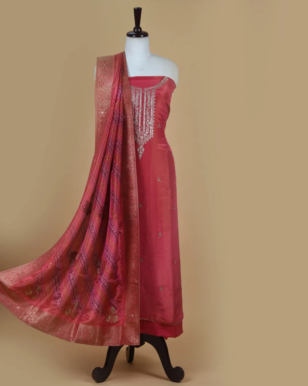Deep Pink Shimmer Georgette Embroidered Unstitched Suit Fabric Set With Silk Viscose Dupatta