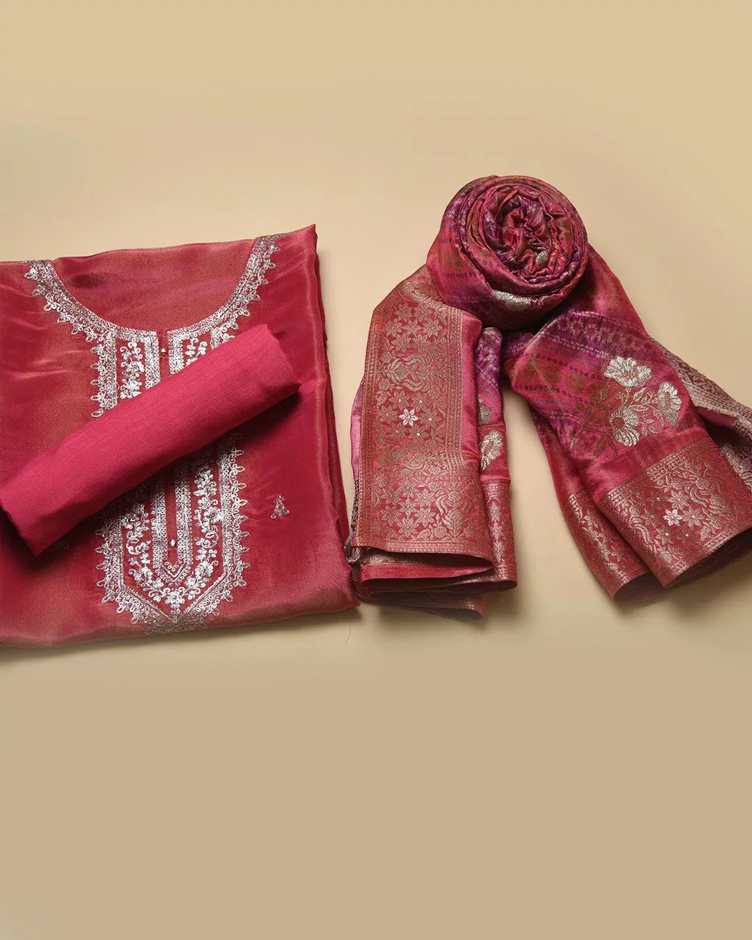 Deep Pink Shimmer Georgette Embroidered Unstitched Suit Fabric Set With Silk Viscose Dupatta