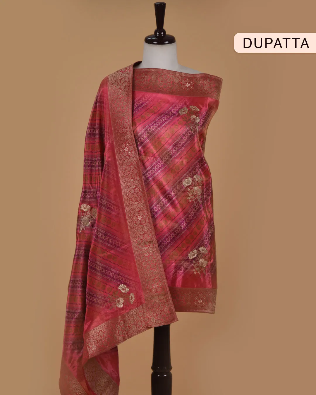 Deep Pink Shimmer Georgette Embroidered Unstitched Suit Fabric Set With Silk Viscose Dupatta
