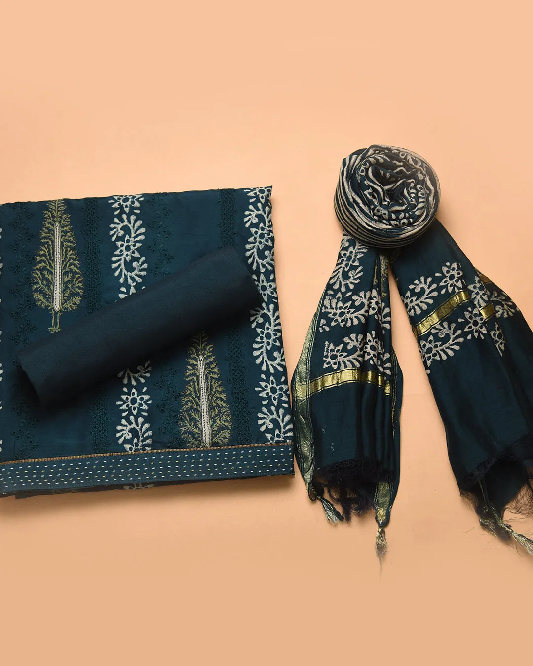 Deep Turquoise Muslin Blend Printed With Embroidery Unstitched Suit Fabric Set With Chanderi Printed Dupatta
