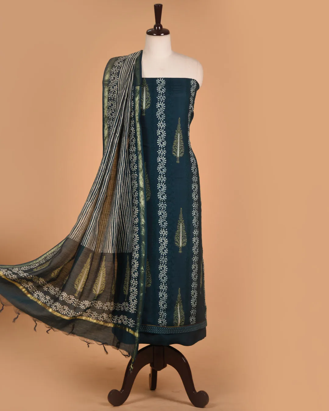 Deep Turquoise Muslin Blend Printed With Embroidery Unstitched Suit Fabric Set With Chanderi Printed Dupatta