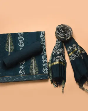 Deep Turquoise Muslin Blend Printed With Embroidery Unstitched Suit Fabric Set With Chanderi Printed Dupatta
