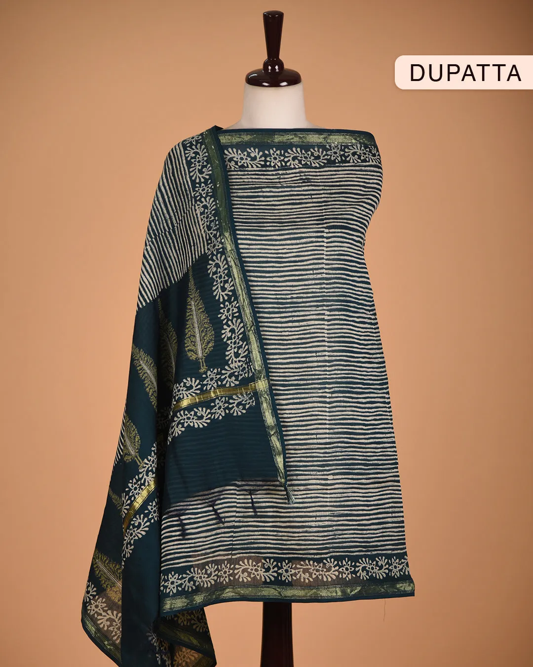 Deep Turquoise Muslin Blend Printed With Embroidery Unstitched Suit Fabric Set With Chanderi Printed Dupatta