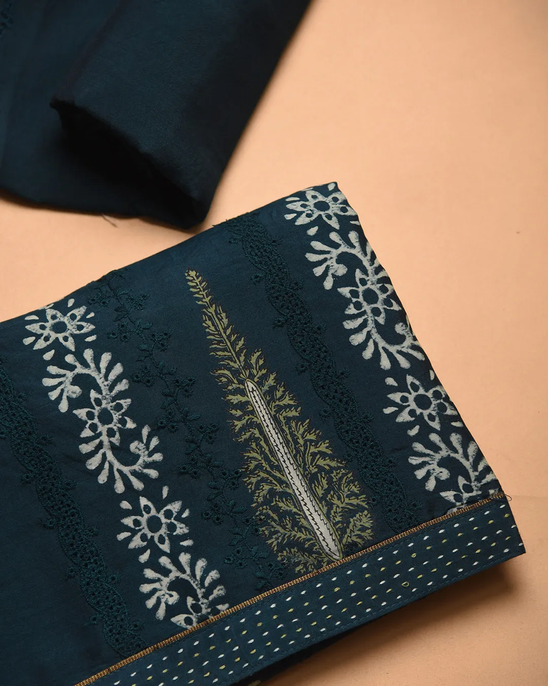 Deep Turquoise Muslin Blend Printed With Embroidery Unstitched Suit Fabric Set With Chanderi Printed Dupatta