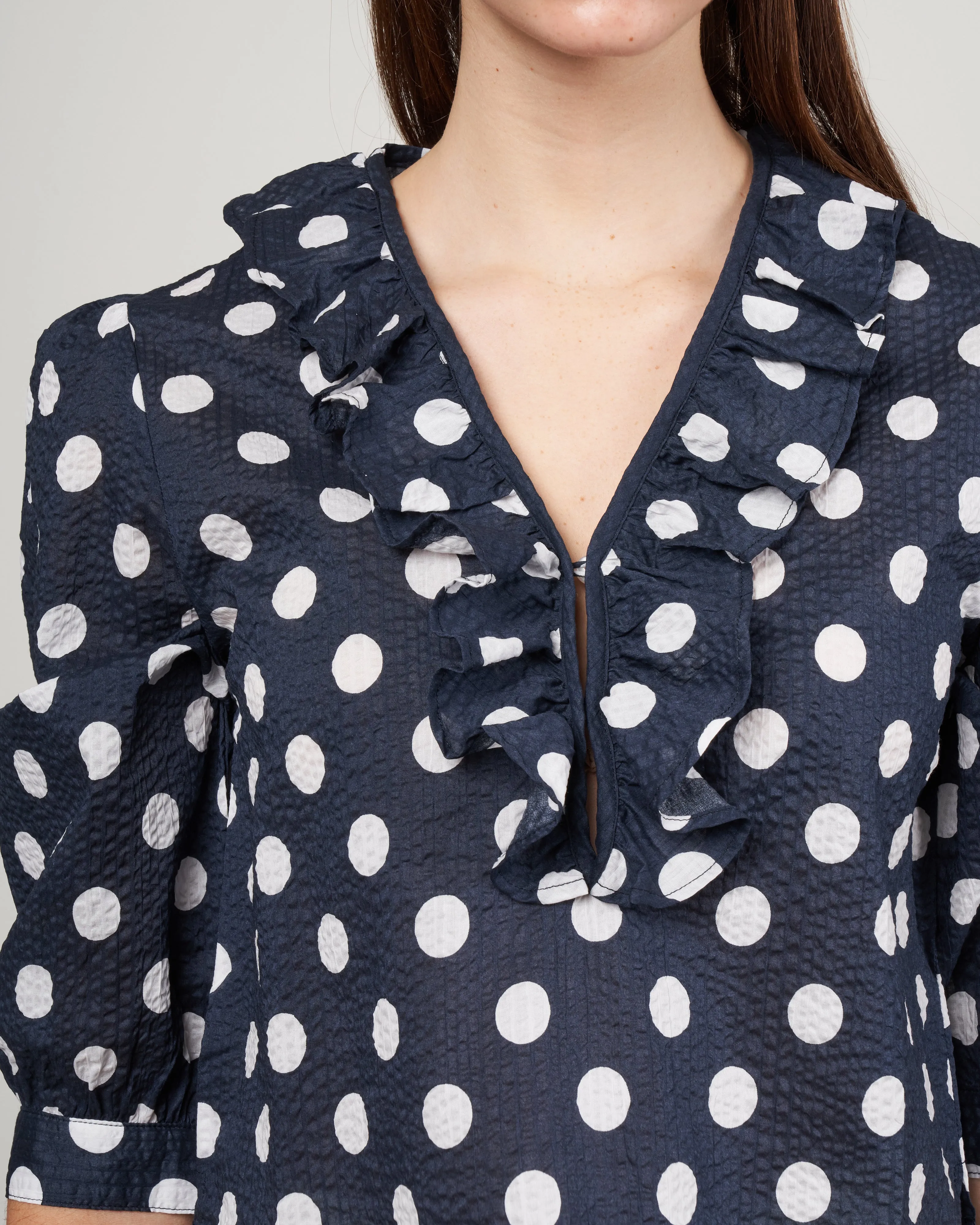 deep v ruffle blouse - navy/white polka dot