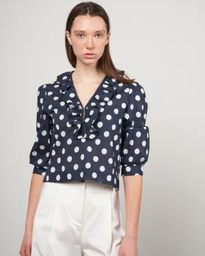 deep v ruffle blouse - navy/white polka dot