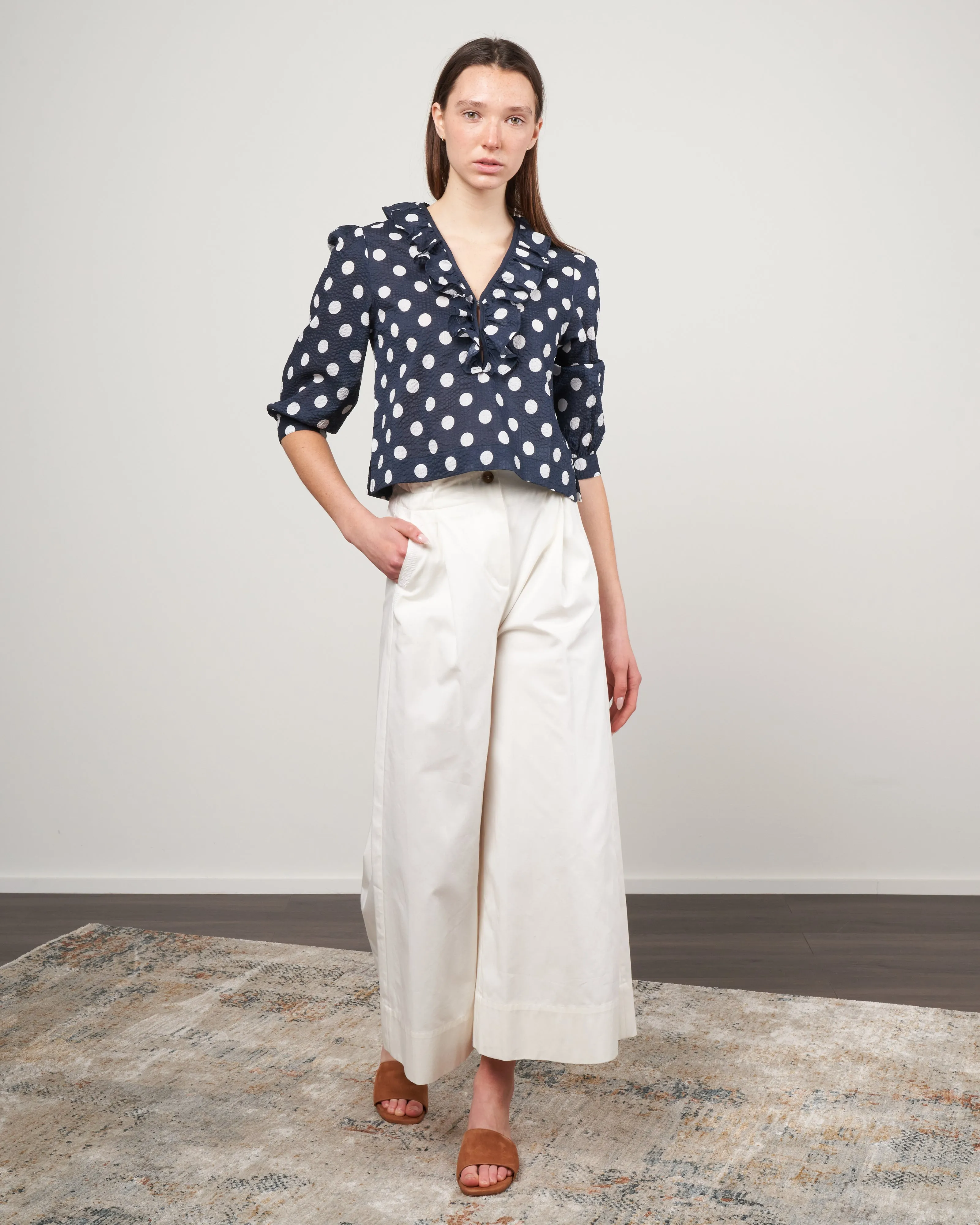 deep v ruffle blouse - navy/white polka dot