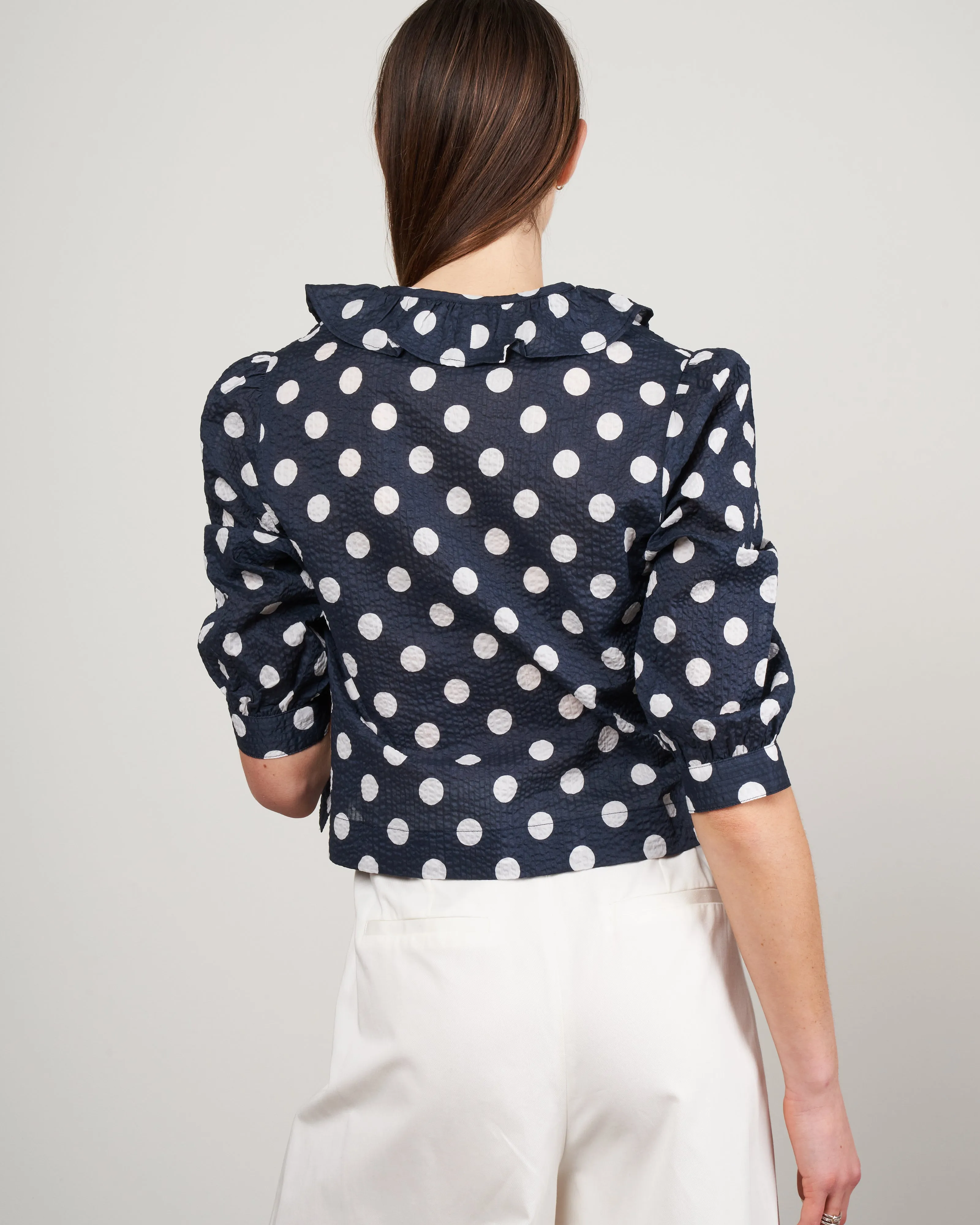 deep v ruffle blouse - navy/white polka dot
