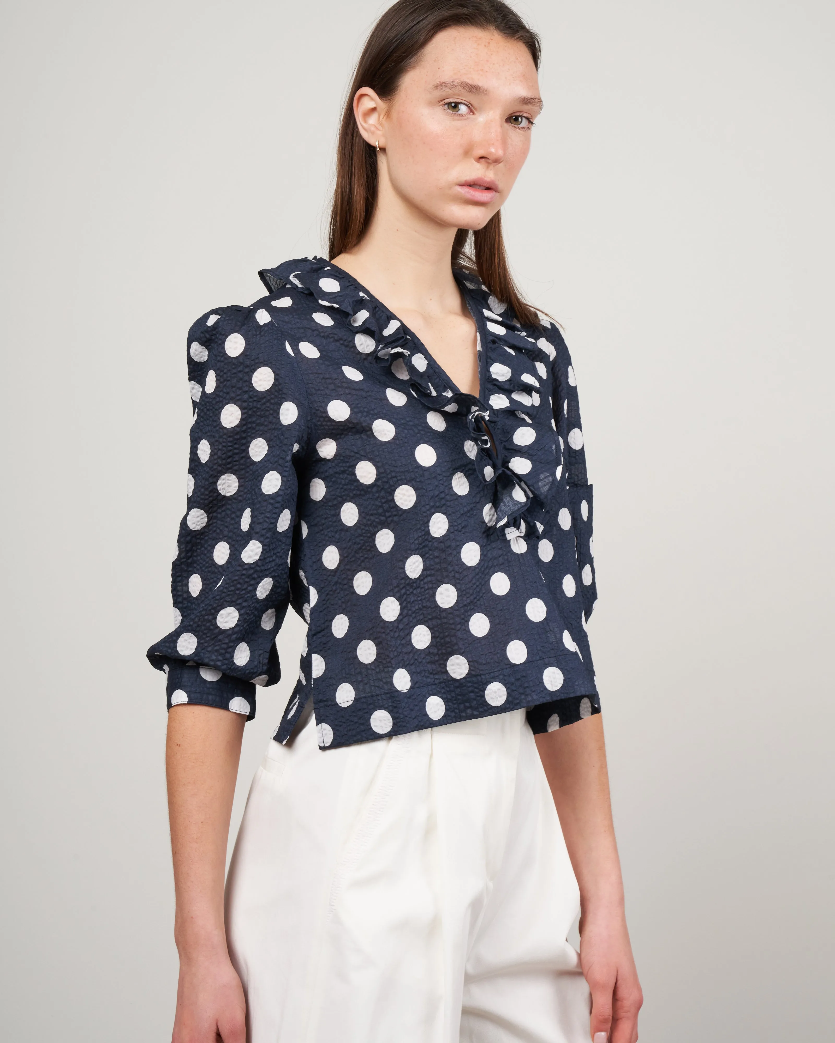 deep v ruffle blouse - navy/white polka dot