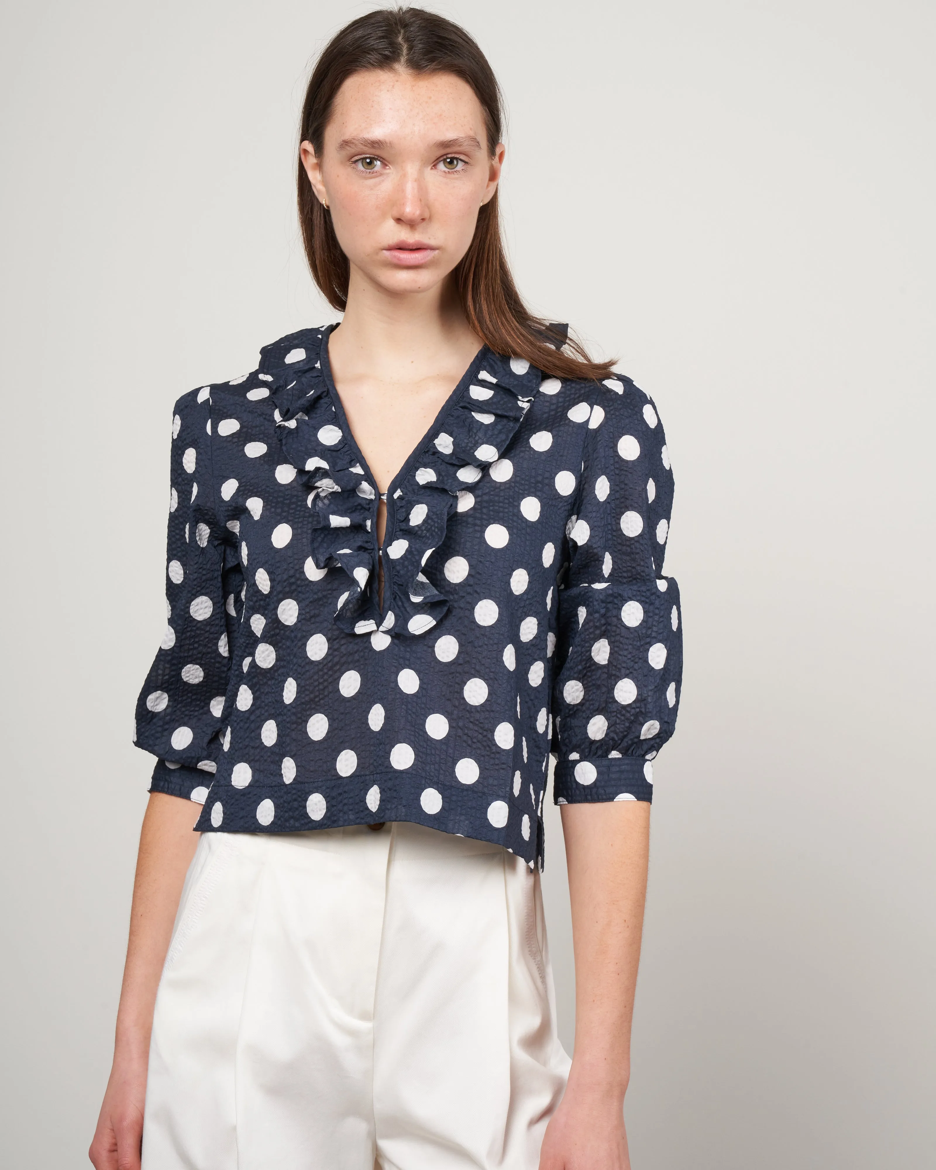deep v ruffle blouse - navy/white polka dot