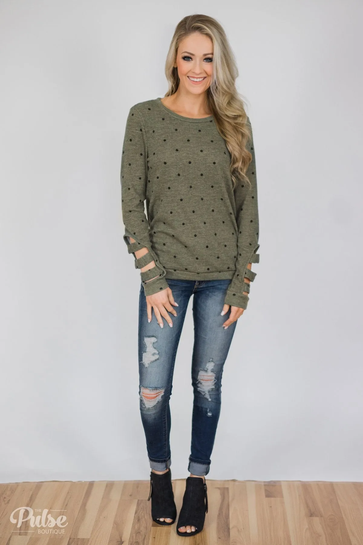 Delightful Details Polka Dot Top- Light Olive