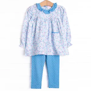 Denim Dot Daisies Legging Set, Blue