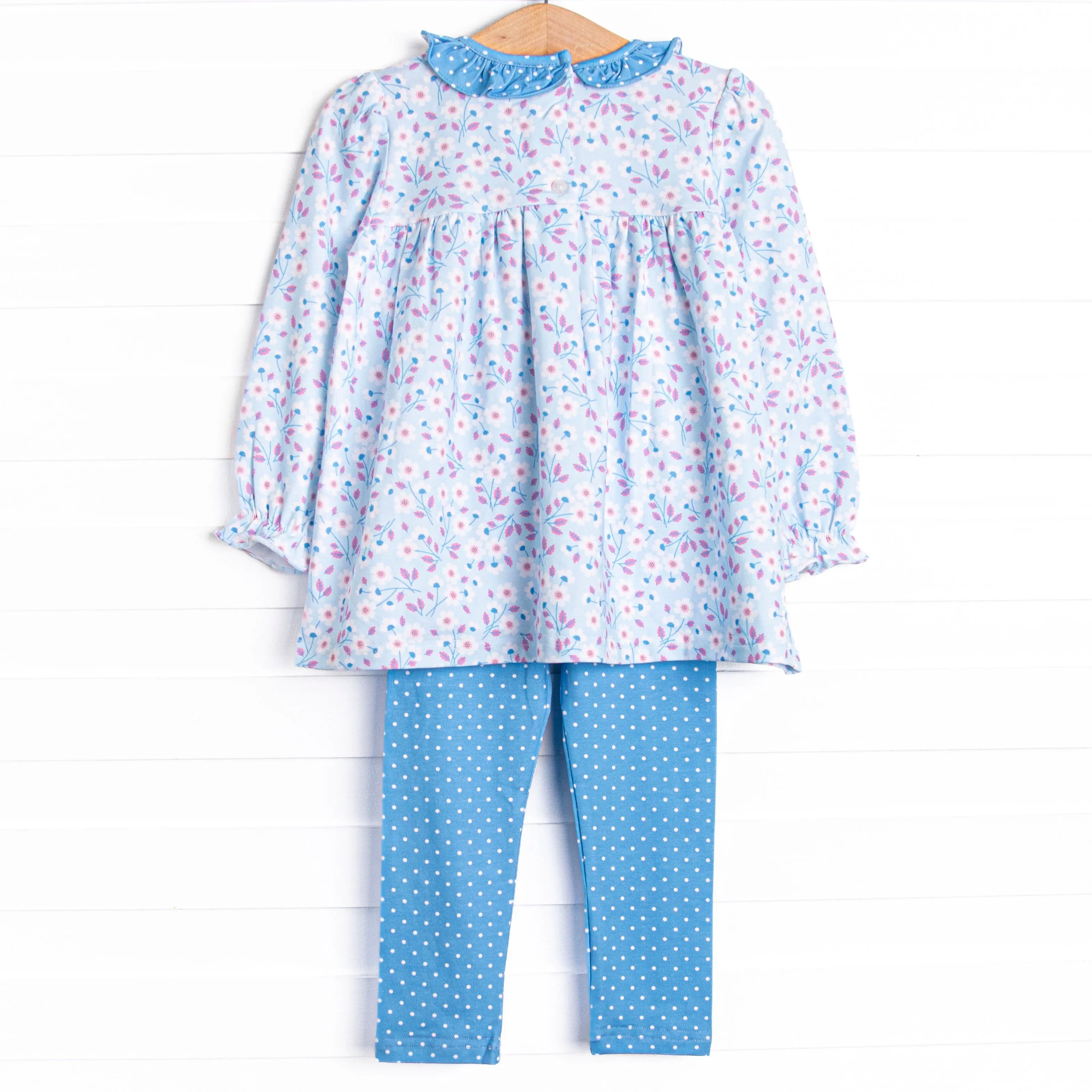 Denim Dot Daisies Legging Set, Blue