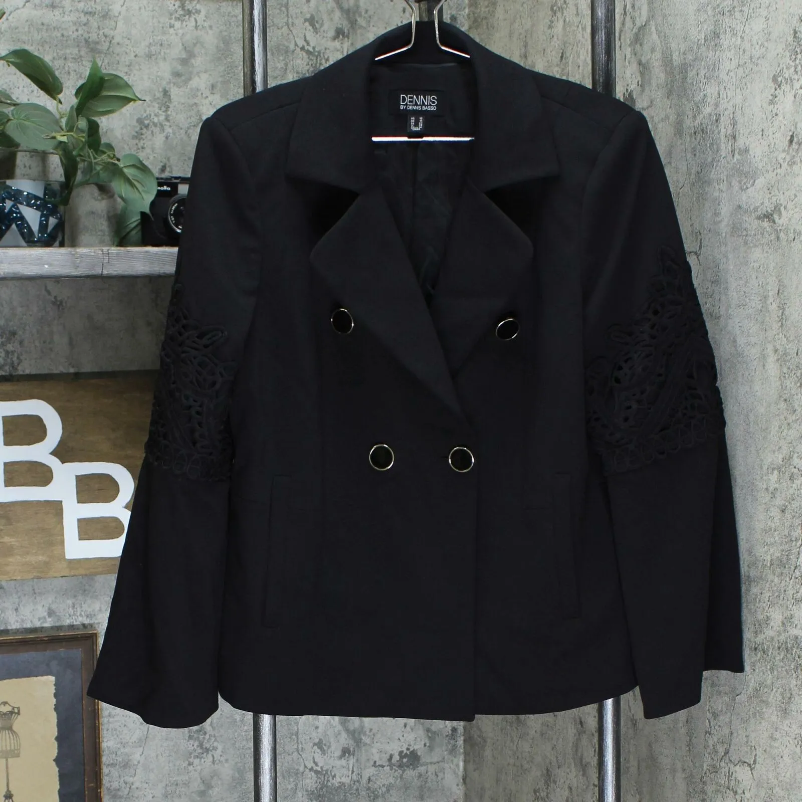 Dennis Basso Women's Luxe Crepe Blazer With Lace Applique Trim Black 12