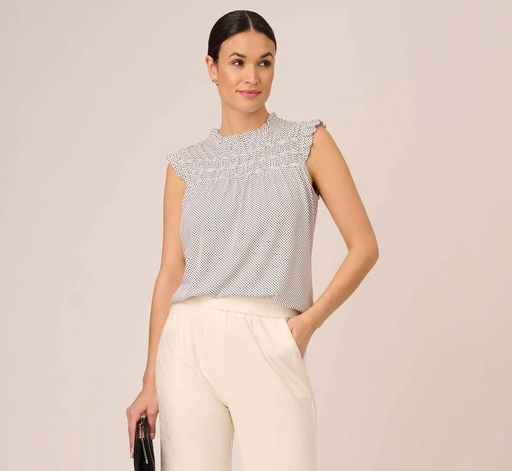 Dot Print Sleeveless Top With Ruffled Details In Ivory Black Small Dot