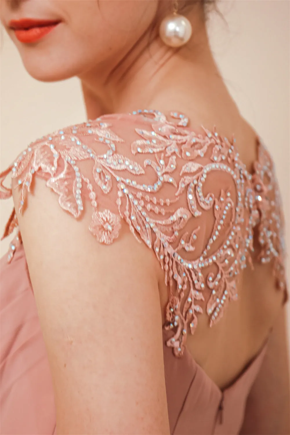 Dusty Pink Cap sleeves Chiffon Column Evening Dress