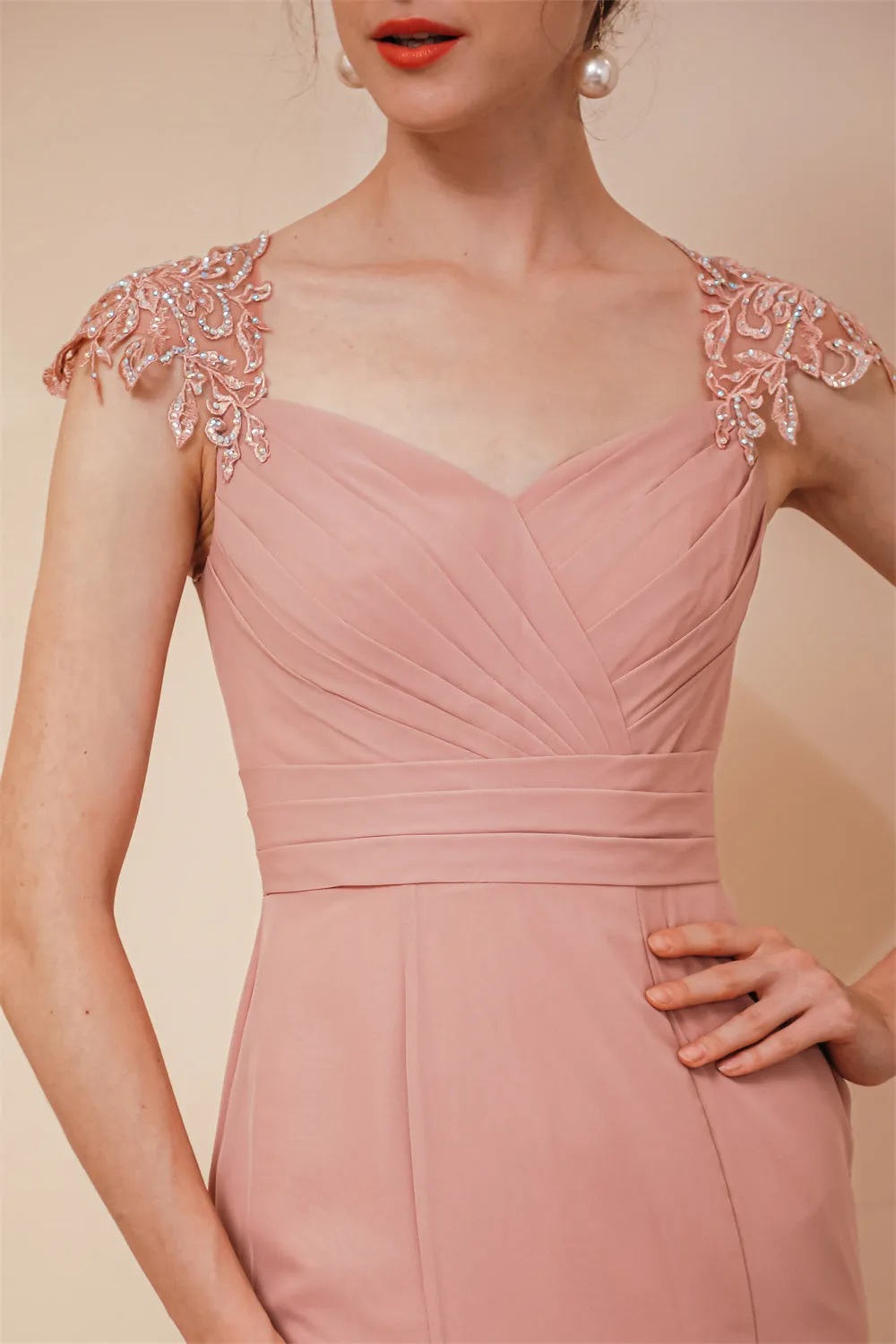 Dusty Pink Cap sleeves Chiffon Column Evening Dress