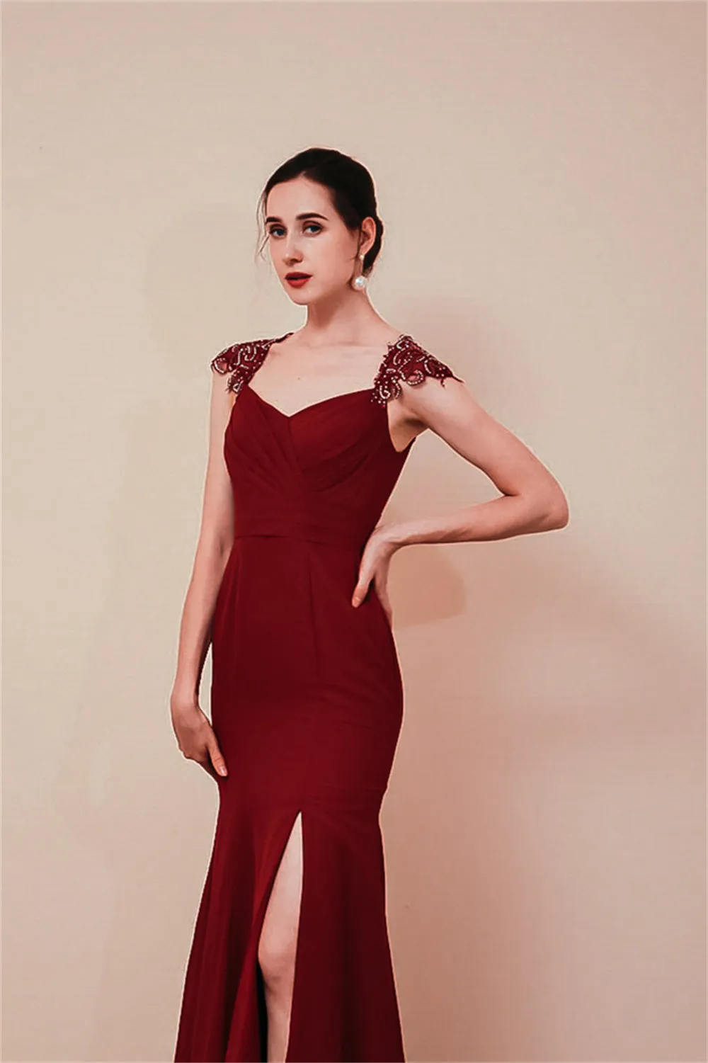 Dusty Pink Cap sleeves Chiffon Column Evening Dress
