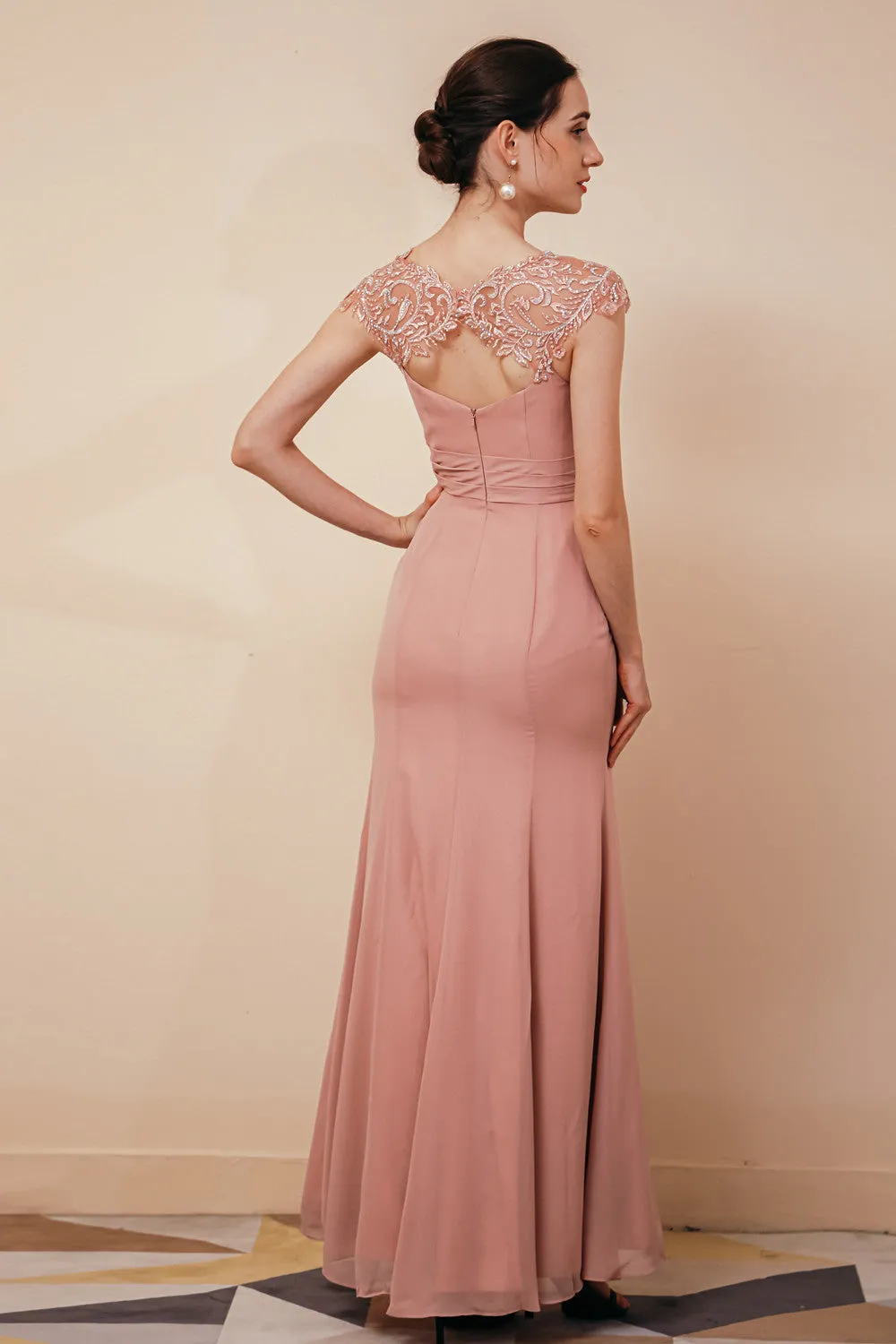 Dusty Pink Cap sleeves Chiffon Column Evening Dress