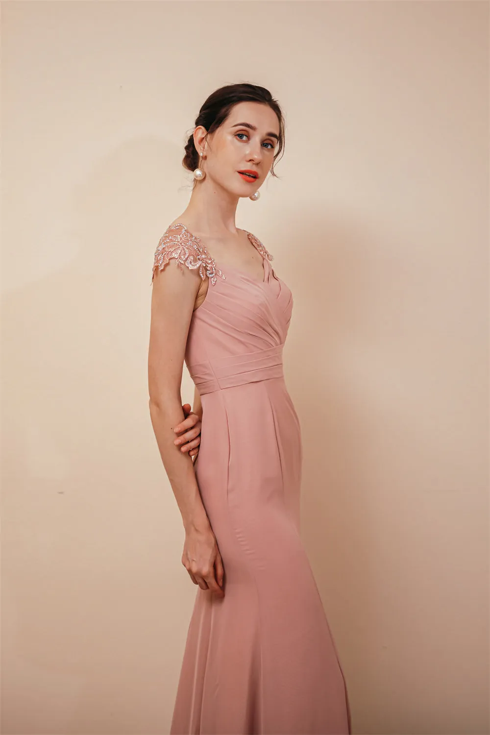 Dusty Pink Cap sleeves Chiffon Column Evening Dress