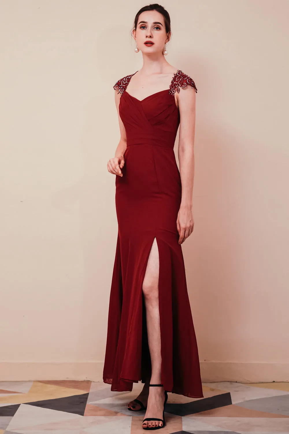 Dusty Pink Cap sleeves Chiffon Column Evening Dress