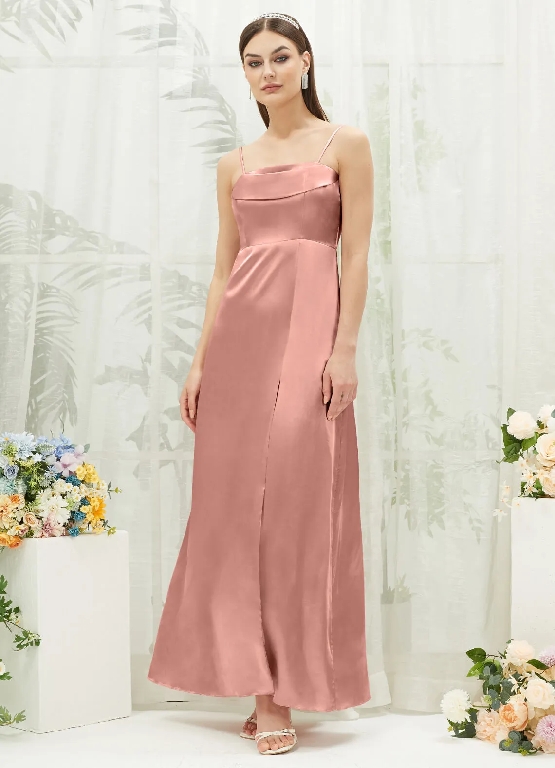 Dusty Pink Satin Convertible Slit Floor Length  Bridesmaid Dresses