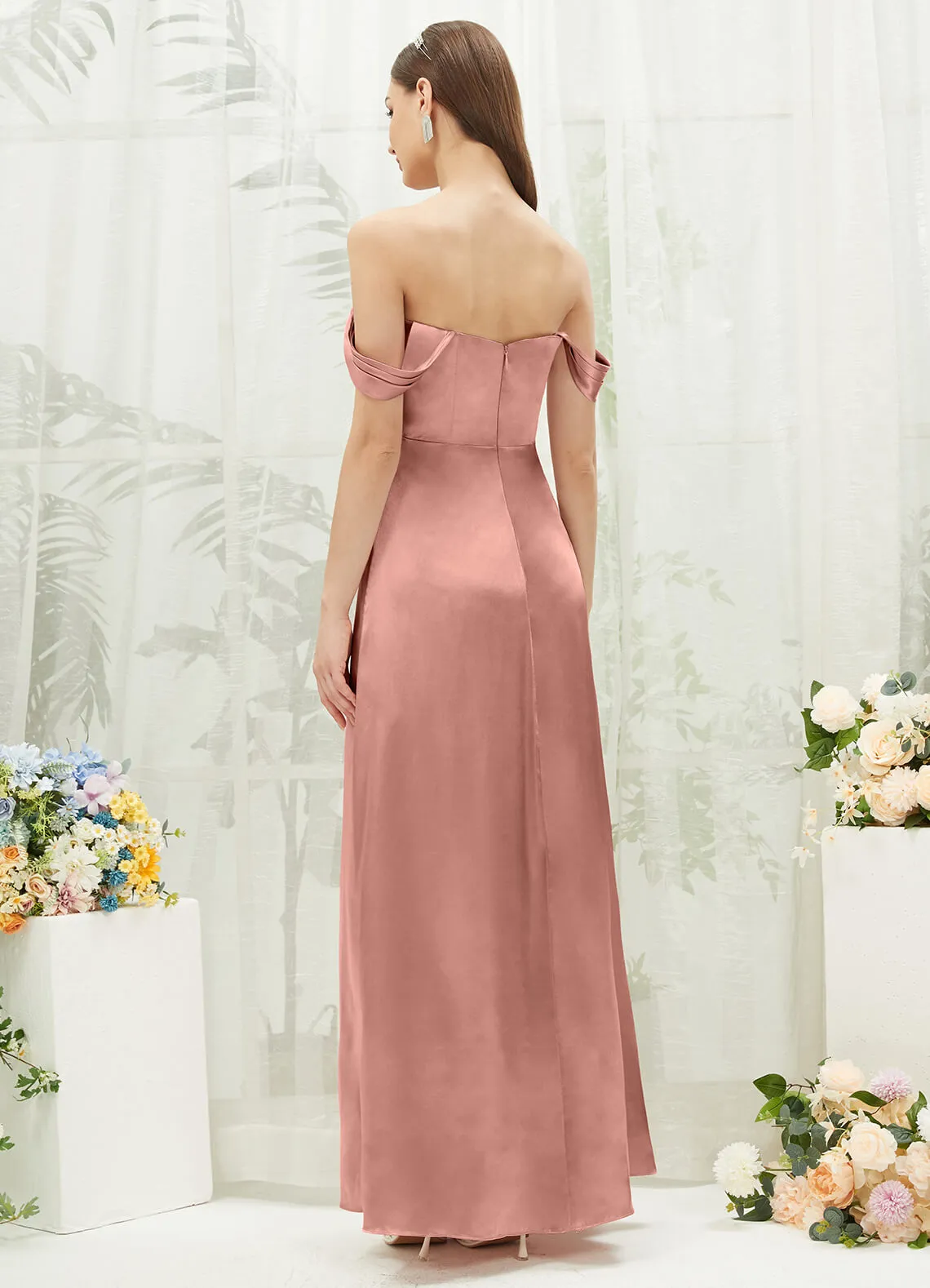 Dusty Pink Satin Convertible Slit Floor Length  Bridesmaid Dresses