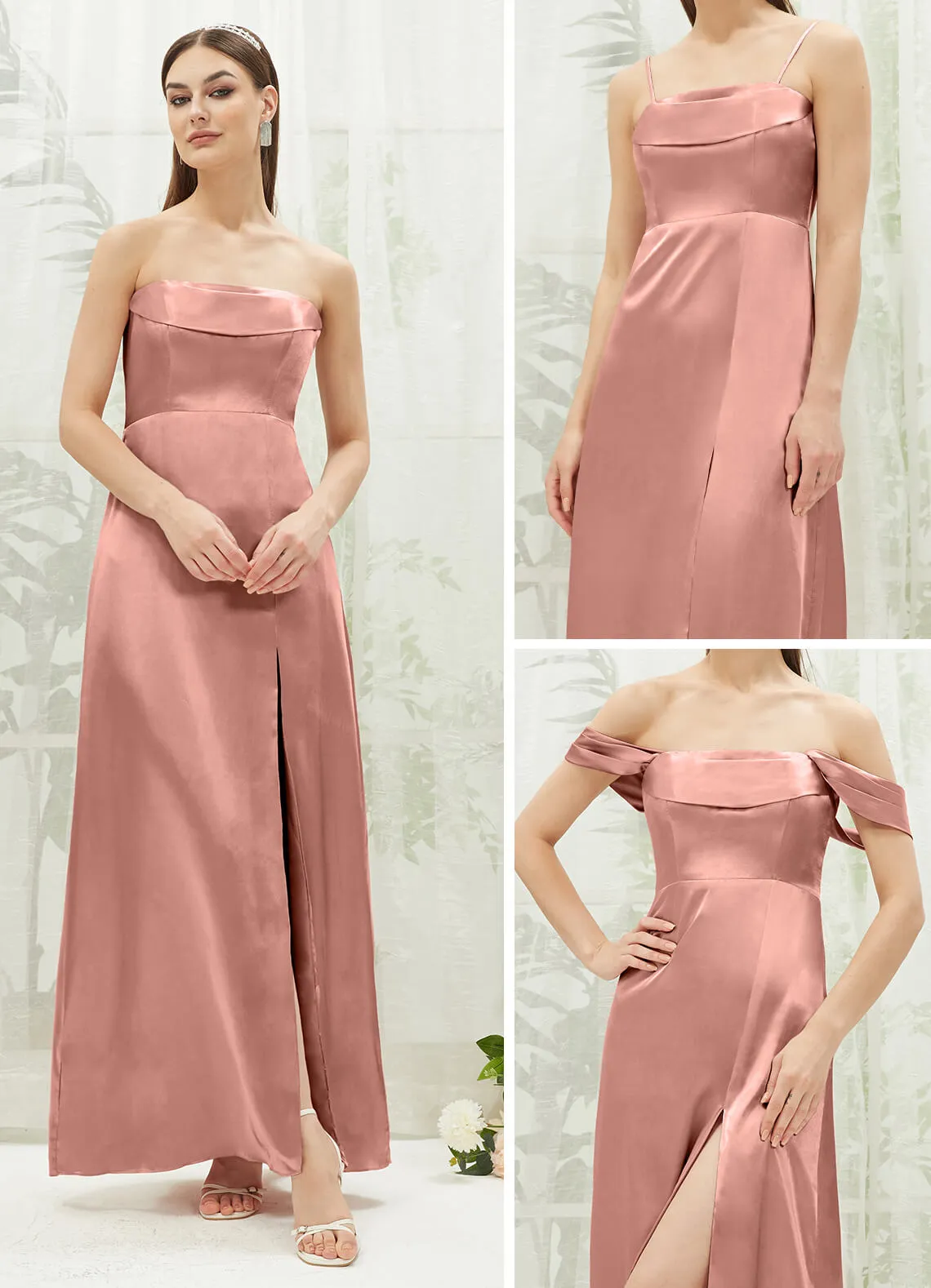 Dusty Pink Satin Convertible Slit Floor Length  Bridesmaid Dresses
