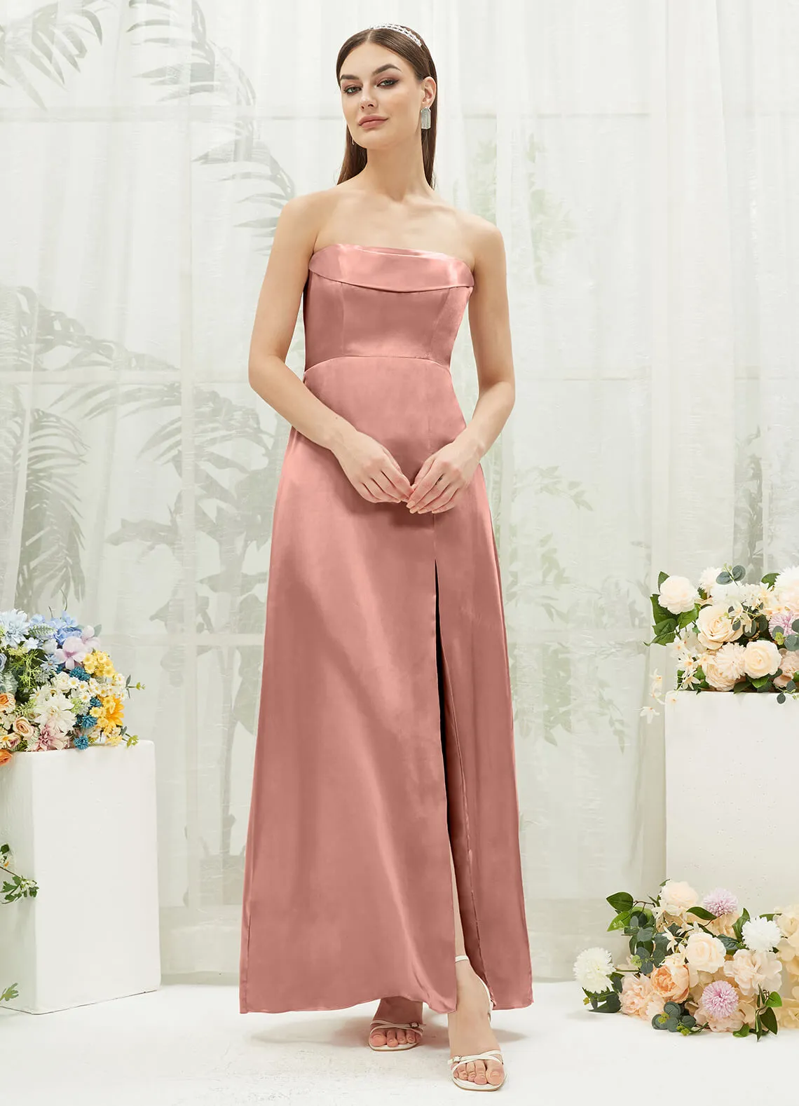 Dusty Pink Satin Convertible Slit Floor Length  Bridesmaid Dresses