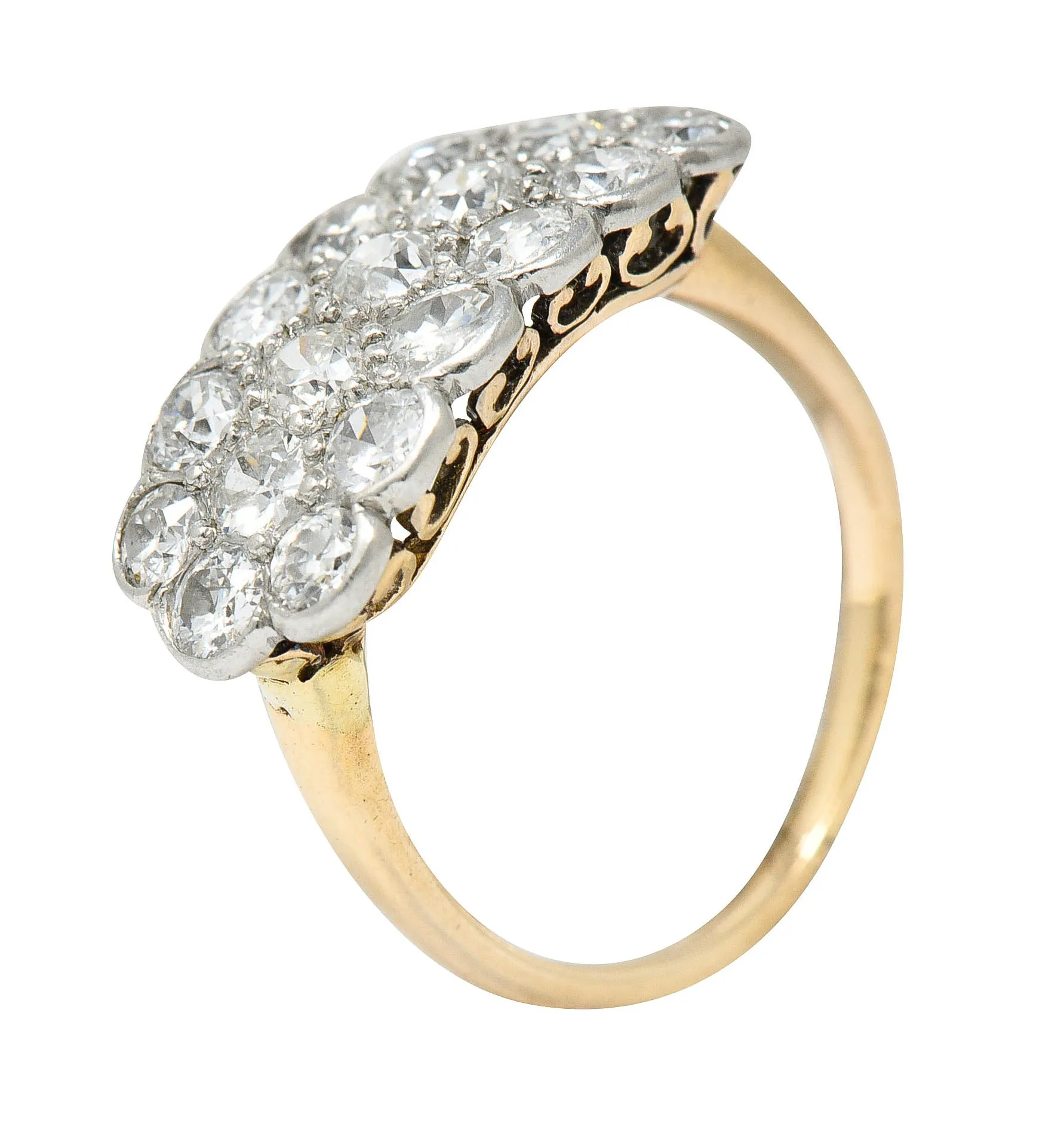 Edwardian 2.00 CTW Diamond Platinum-Topped 14 Karat Gold Cluster Band Ring