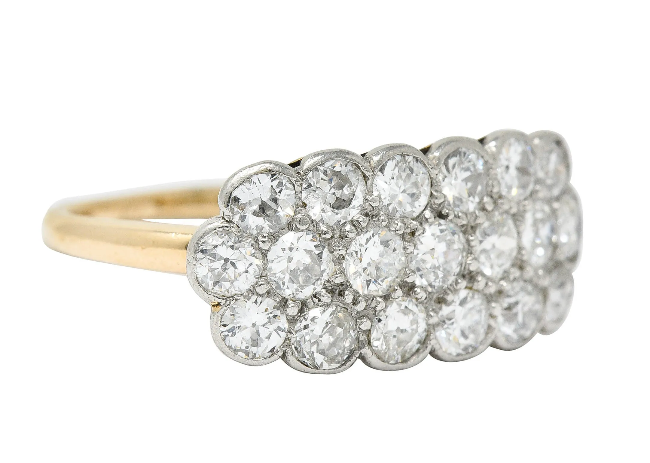Edwardian 2.00 CTW Diamond Platinum-Topped 14 Karat Gold Cluster Band Ring