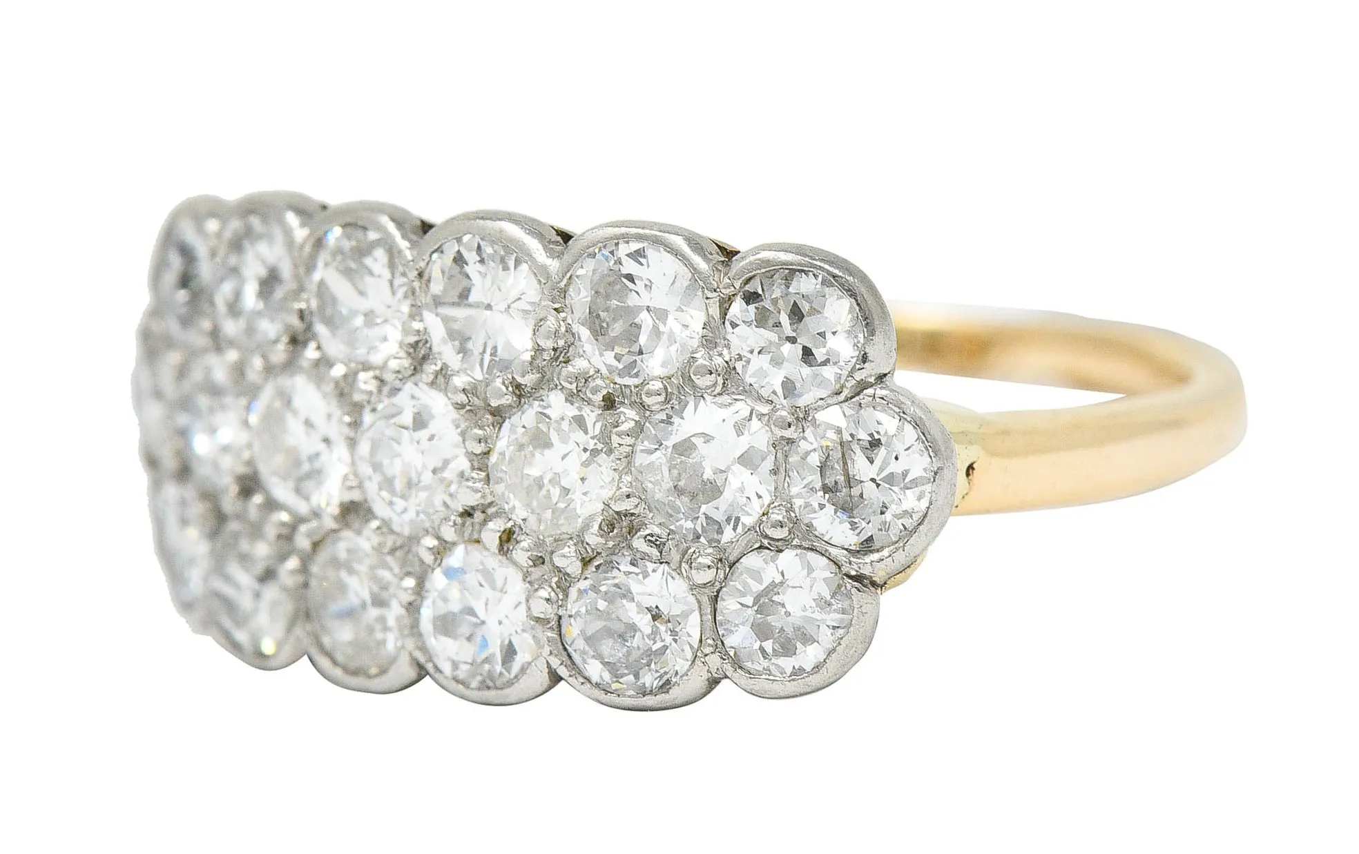 Edwardian 2.00 CTW Diamond Platinum-Topped 14 Karat Gold Cluster Band Ring