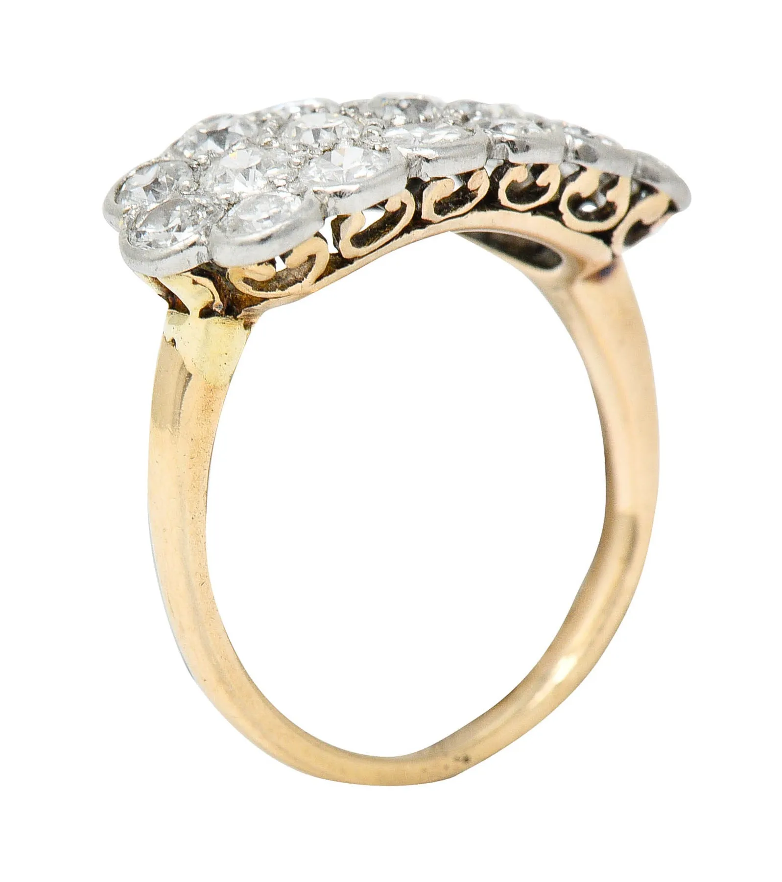 Edwardian 2.00 CTW Diamond Platinum-Topped 14 Karat Gold Cluster Band Ring