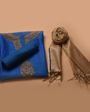 Electric Blue Linen Silk Blend Hand Embroidered Unstitched Suit Fabric Set With Tissue Dupatta