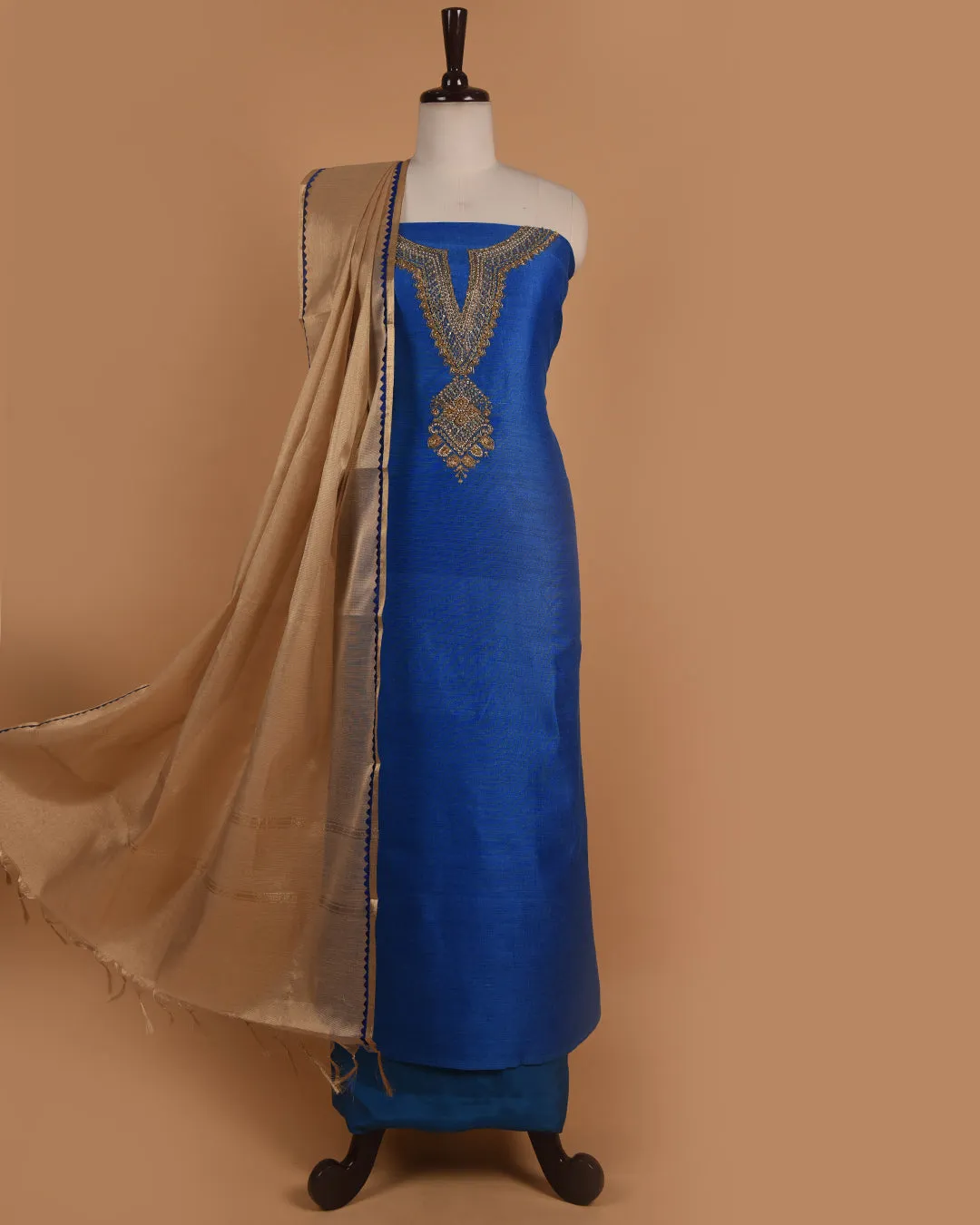Electric Blue Linen Silk Blend Hand Embroidered Unstitched Suit Fabric Set With Tissue Dupatta