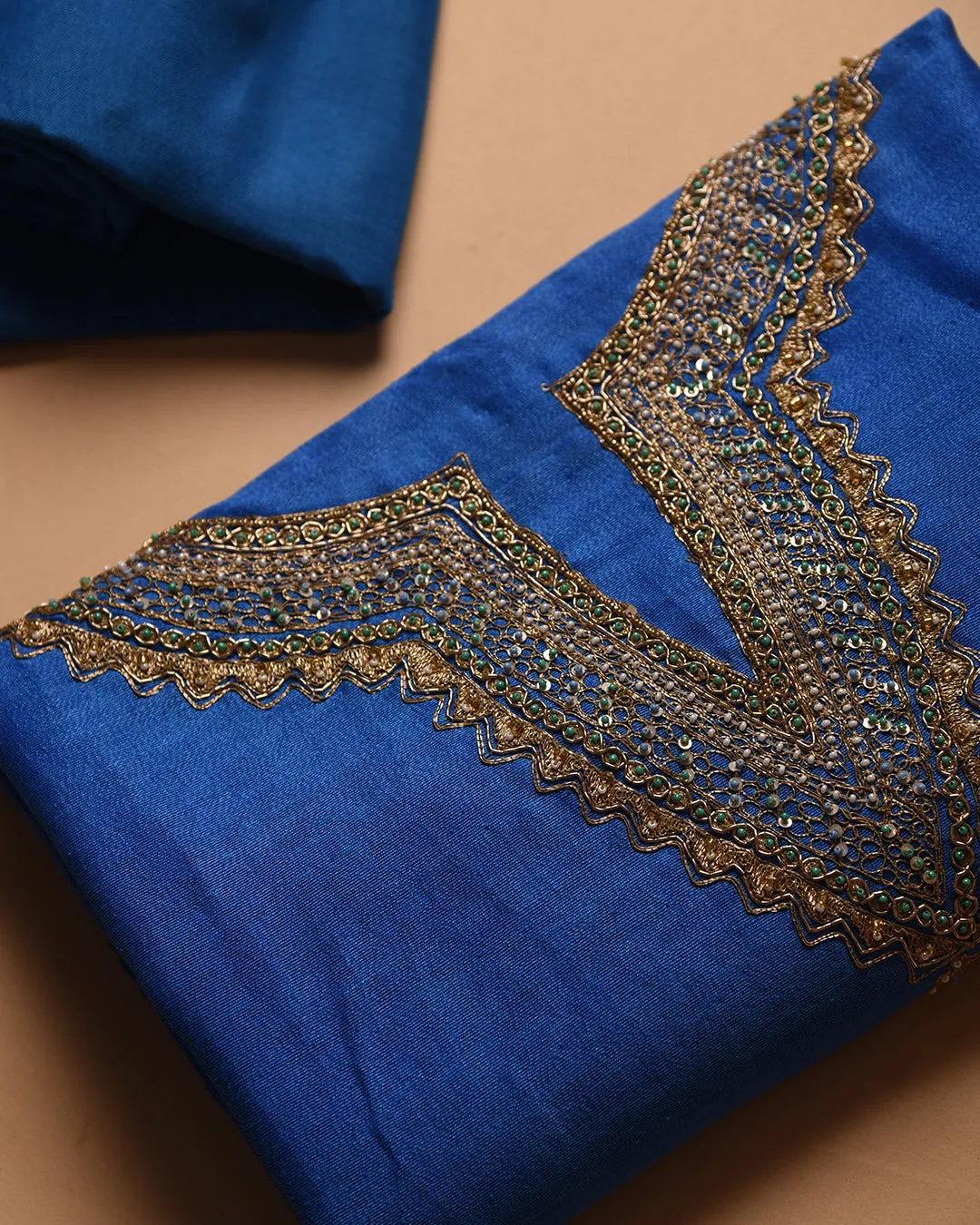 Electric Blue Linen Silk Blend Hand Embroidered Unstitched Suit Fabric Set With Tissue Dupatta