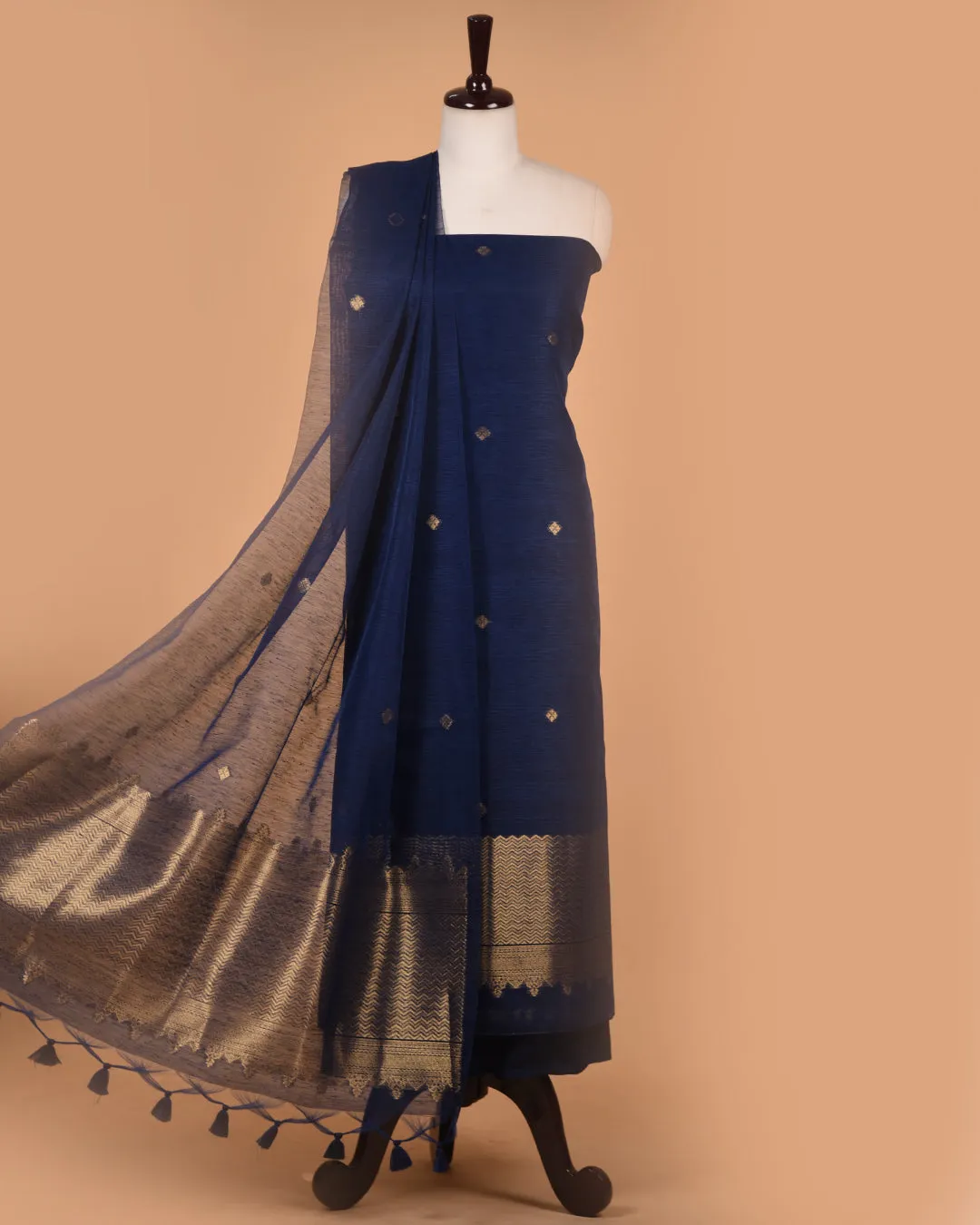 Electric Blue Linen Silk Blend Woven Unstitched Suit Fabric Set With Linen Silk Blend Woven Dupatta