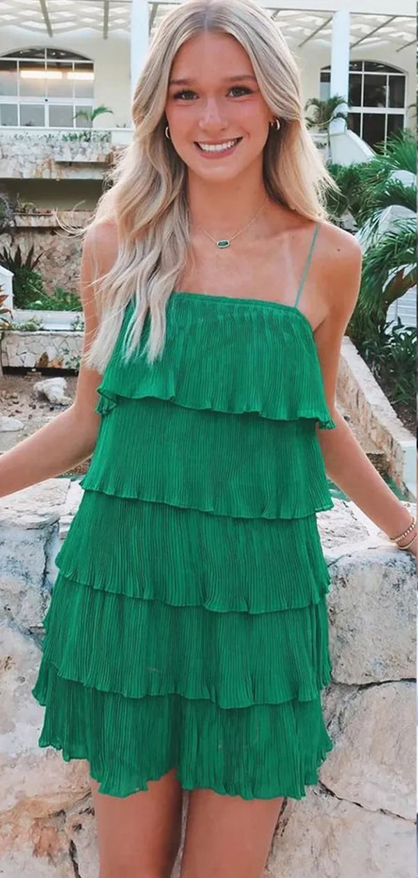 Elegant Green Column Short Homecoming Dresses with Ruffles, QB0563