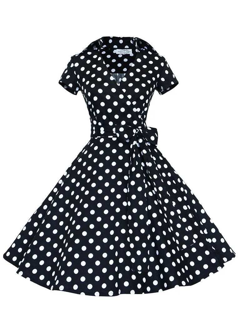 Elegant High Waist V Neck Short Sleeve Dots Vintage Dress