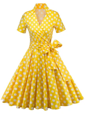 Elegant High Waist V Neck Short Sleeve Dots Vintage Dress