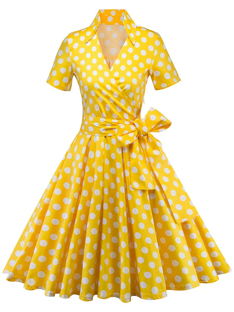 Elegant High Waist V Neck Short Sleeve Dots Vintage Dress