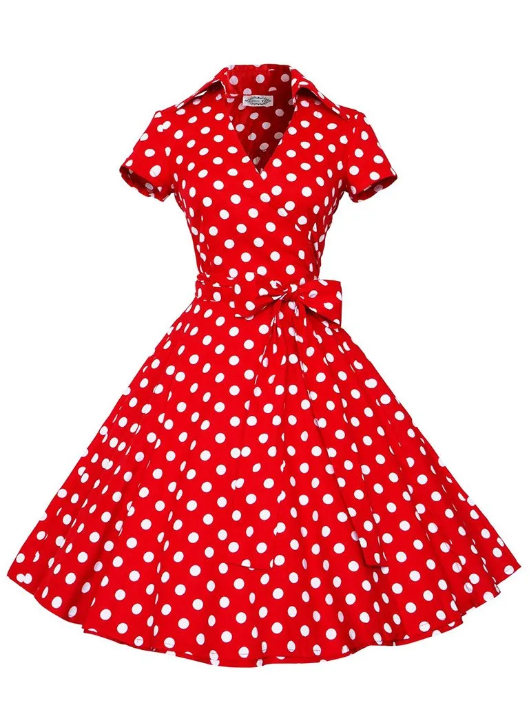 Elegant High Waist V Neck Short Sleeve Dots Vintage Dress