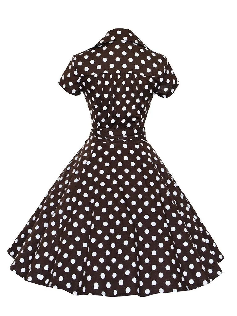 Elegant High Waist V Neck Short Sleeve Dots Vintage Dress