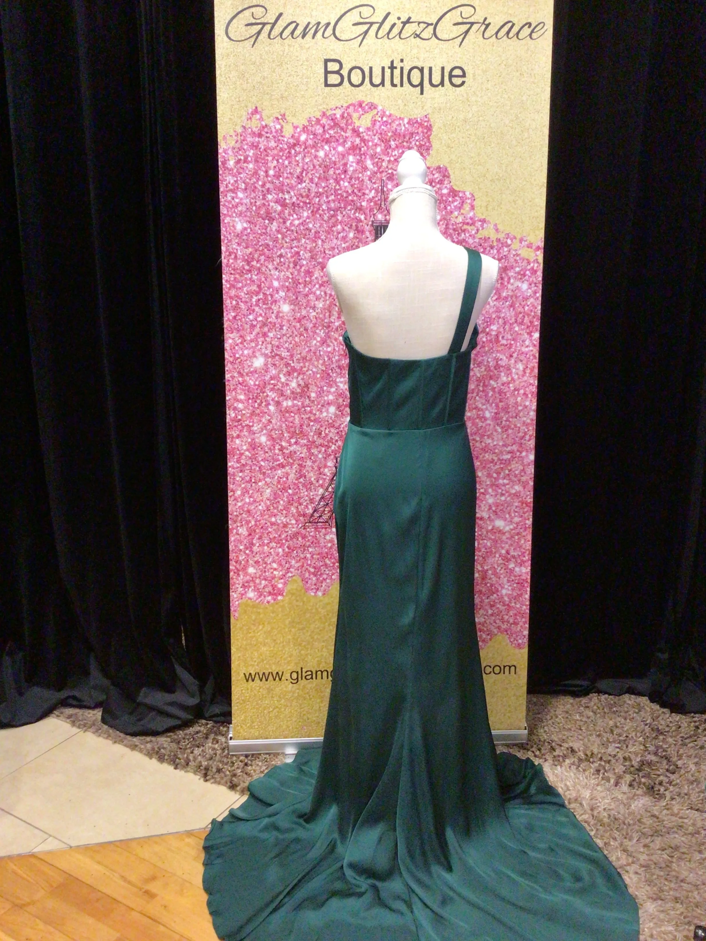 Emerald Green One Shoulder Pleated Dress With Slit